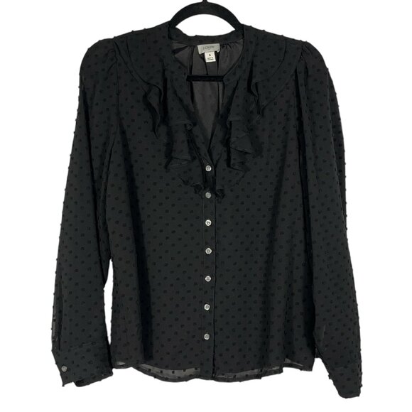 J Crew Womens Swiss Dot Ruffle Blouse Size S Black Dark Coquette Victorian Goth - Picture 1 of 7